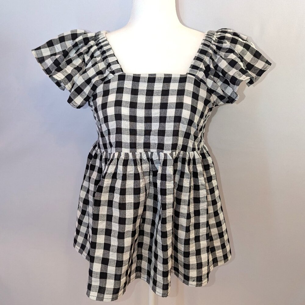 NWT Boohoo Maternity | Gingham Short Frill Sleeve Smocked Maternity Top | Size 4 - Picture 3 of 12